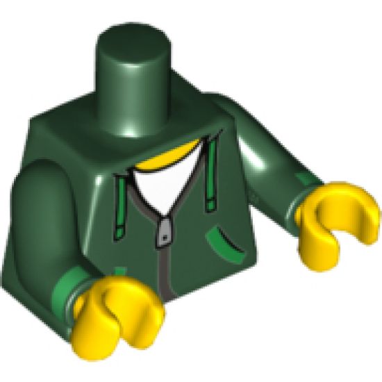 Torso Hoodie with Green Ties and Pockets, Silver Zipper over White Shirt Pattern / Dark Green Arms with Green Cuffs Pattern / Yellow Hands