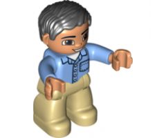 Duplo Figure Lego Ville, Male, Tan Legs, Medium Blue Shirt with Pocket and 4 Buttons, Black Hair