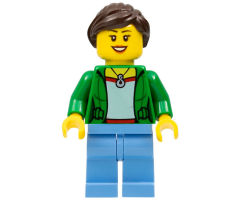 Customer - Green Female Jacket Open with Necklace, Medium Blue Legs, Dark Brown Ponytail and Swept Sideways Fringe