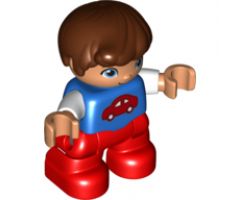 Duplo Figure Lego Ville, Child Boy, Red Legs, Blue Top with Red Car Pattern, Reddish Brown Hair