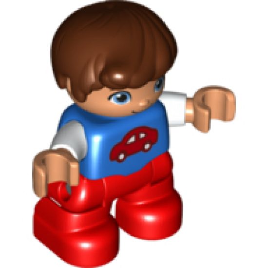 Duplo Figure Lego Ville, Child Boy, Red Legs, Blue Top with Red Car Pattern, Reddish Brown Hair