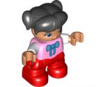 Duplo Figure Lego Ville, Child Girl, Red Legs, Bright Pink Top with Bow Tie, Black Hair with Pigtails