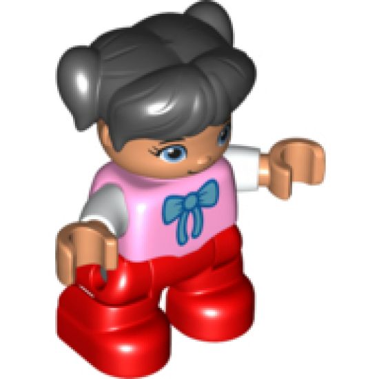Duplo Figure Lego Ville, Child Girl, Red Legs, Bright Pink Top with Bow Tie, Black Hair with Pigtails