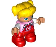 Duplo Figure Lego Ville, Child Girl, Red Legs, Bright Pink Top with Flower on Pocket, White Arms, Yellow Hair