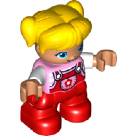 Duplo Figure Lego Ville, Child Girl, Red Legs, Bright Pink Top with Flower on Pocket, White Arms, Yellow Hair