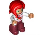 Duplo Figure Lego Ville, Female, Dark Red Legs, White Top with Bright Pink Stripes and Watermelon Pattern, Green Eyes, Red Hair