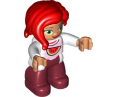 Duplo Figure Lego Ville, Female, Dark Red Legs, White Top with Bright Pink Stripes and Watermelon Pattern, Green Eyes, Red Hair