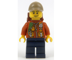 City Jungle Explorer - Dark Orange Jacket with Pouches, Dark Blue Legs, Dark Tan Cap with Hole, Smirk and Stubble Beard with Backpack