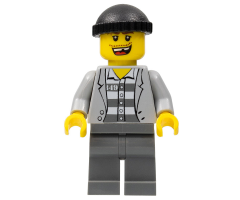 Police - Jail Prisoner Jacket over Prison Stripes, Dark Bluish Gray Legs, Black Knit Cap, Missing Tooth