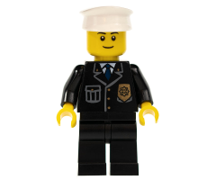 Police - City Suit with Blue Tie and Badge, Black Legs, White Hat, Black Eyebrows, Thin Grin