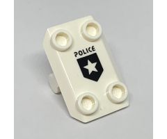 Plate, Modified 2 x 3 Inverted with 4 Studs and Bar Handle on Bottom - Closed Ends (Rocker Plate), Black 'POLICE' and Shield with Star (Badge) Pattern