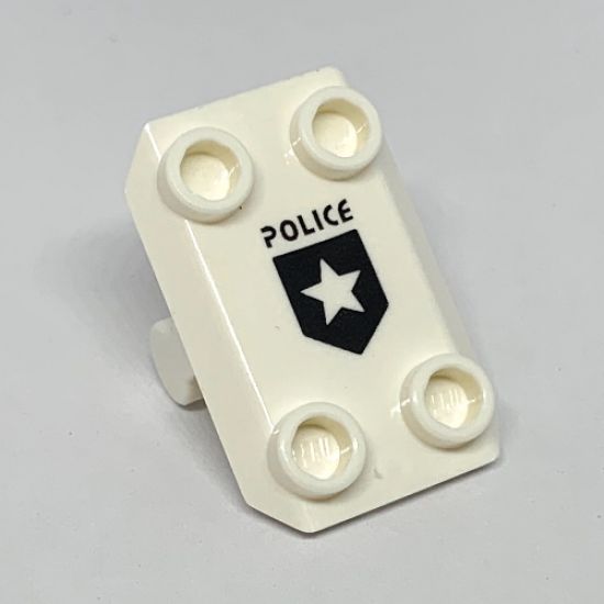 Plate, Modified 2 x 3 Inverted with 4 Studs and Bar Handle on Bottom - Closed Ends (Rocker Plate), Black 'POLICE' and Shield with Star (Badge) Pattern