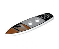 Minifigure, Utensil Surfboard Standard with Black Palm Tree on Orange Sunset Background and Black Flower Pattern
