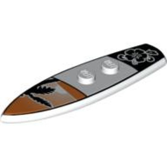 Minifigure, Utensil Surfboard Standard with Black Palm Tree on Orange Sunset Background and Black Flower Pattern