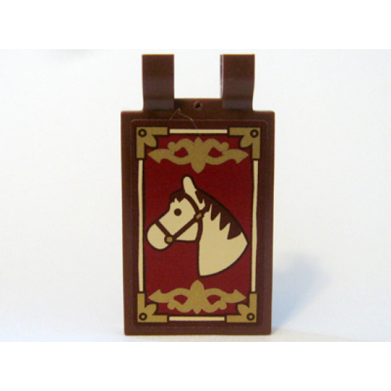 Tile, Modified 2 x 3 with 2 Clips (thick U clips) with Horse Head and Gold Border Pattern (Sticker) - Set 10193