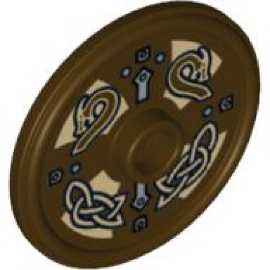 Minifigure, Shield Round with Stud and Ring Around Edge with Dragon Heads and Knots Pattern