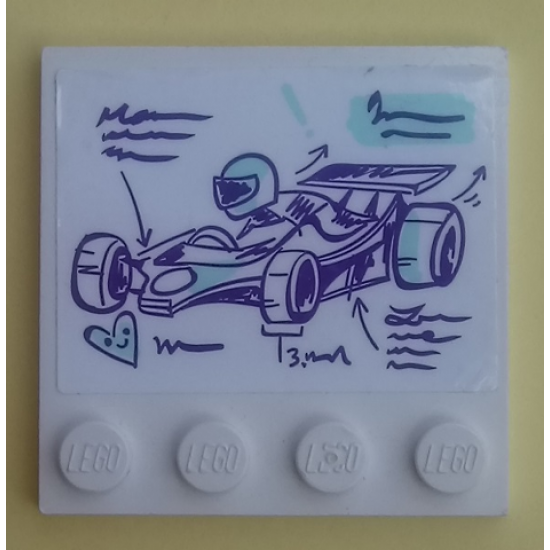 Tile, Modified 4 x 4 with Studs on Edge with Dark Purple and Light Aqua Go-Kart, Driver, Writing Scribble and Heart Pattern (Sticker) - Set 41351