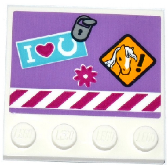 Tile, Modified 4 x 4 with Studs on Edge with Lock, Horse Danger Sign, Flower, 'I', Heart, Horseshoe and Danger Stripes Pattern (Sticker) - Set 41125