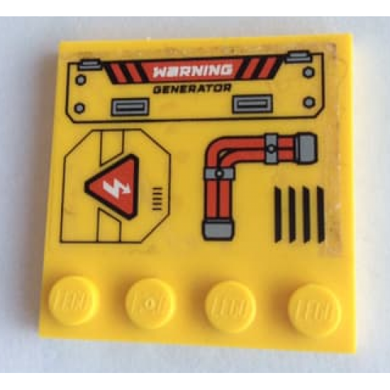 Tile, Modified 4 x 4 with Studs on Edge with Red Pipes, Vent and 'WARNING GENERATOR' Pattern Model Right Side (Sticker) - Set 60188