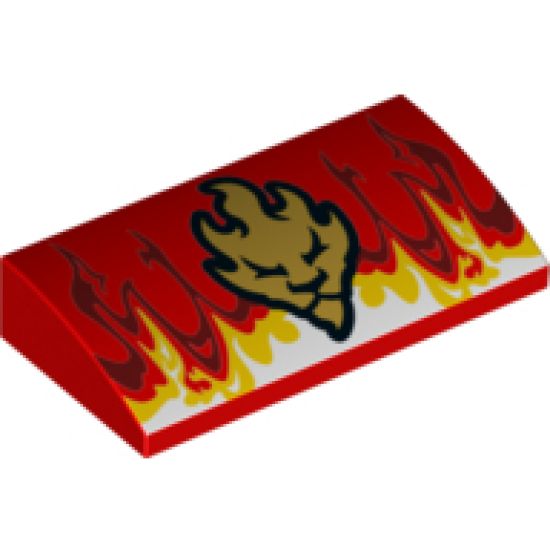 Slope, Curved 2 x 4 x 2/3 with Bottom Tubes with Flames and Gold Lion Head Pattern