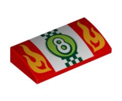 Slope, Curved 2 x 4 x 2/3 with Bottom Tubes with Flames and Number 8 in Lime Circle over Checkered Flag Pattern