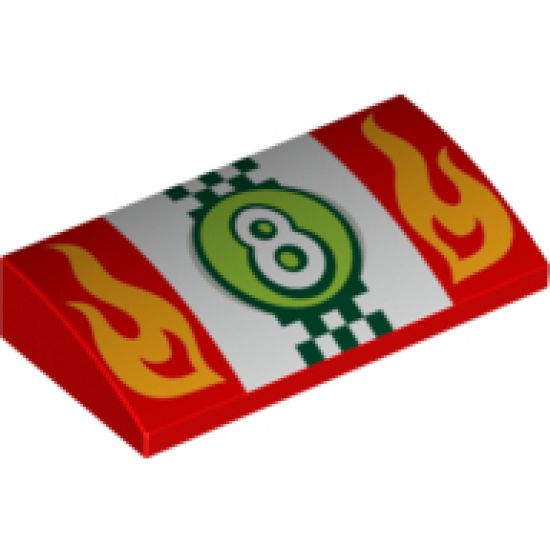 Slope, Curved 2 x 4 x 2/3 with Bottom Tubes with Flames and Number 8 in Lime Circle over Checkered Flag Pattern