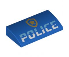 Slope, Curved 2 x 4 x 2/3 with Bottom Tubes with 'POLICE' and Gold Badge Logo Pattern