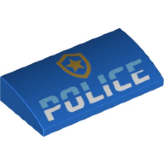 Slope, Curved 2 x 4 x 2/3 with Bottom Tubes with 'POLICE' and Gold Badge Logo Pattern