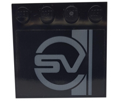 Tile, Modified 4 x 4 with Studs on Edge with Two Dark Bluish Gray Stripes and 'SV' on Black Background Pattern (Sticker) - Set 76898