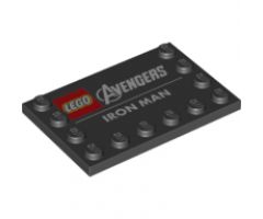Tile, Modified 4 x 6 with Studs on Edges with Avengers, LEGO and Iron Man Logos and 'IRON MAN' Pattern