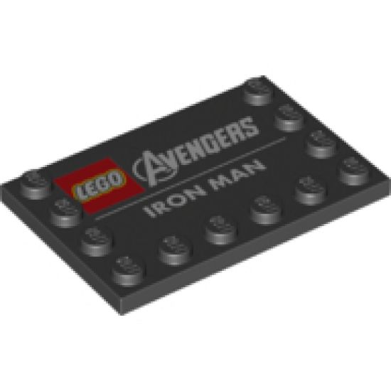 Tile, Modified 4 x 6 with Studs on Edges with Avengers, LEGO and Iron Man Logos and 'IRON MAN' Pattern