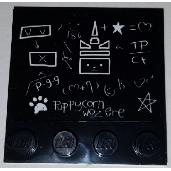 Tile, Modified 4 x 4 with Studs on Edge with Blackboard with 'Puppycorn woz ere' Pattern (Sticker) - Set 41454