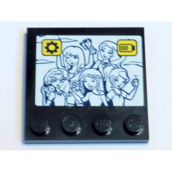 Tile, Modified 4 x 4 with Studs on Edge with Black and White Friends Girls and Yellow and Black Gear and Battery Pattern (Sticker) - Set 41346
