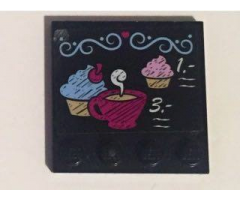 Tile, Modified 4 x 4 with Studs on Edge with Two Cupcakes, Coffee Cup and '1' and '3' Pricing on Black Background Pattern (Sticker) - Set 41119