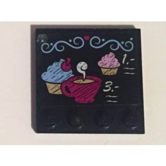 Tile, Modified 4 x 4 with Studs on Edge with Two Cupcakes, Coffee Cup and '1' and '3' Pricing on Black Background Pattern (Sticker) - Set 41119