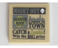 Tile 2 x 2 with Newspaper 'NIGHT OUT', 'MONSTER ROCK', 'Comes to TOWN' and 'CATCH a Zombie! Win the BIG price' Pattern (Sticker) - Set 10228