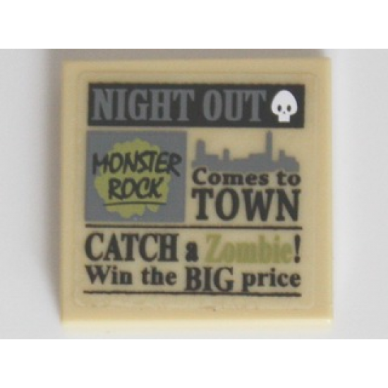 Tile 2 x 2 with Newspaper 'NIGHT OUT', 'MONSTER ROCK', 'Comes to TOWN' and 'CATCH a Zombie! Win the BIG price' Pattern (Sticker) - Set 10228