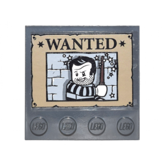 Tile, Modified 4 x 4 with Studs on Edge with 'WANTED' and Convict with Shirt with Stripes Poster Pattern (Sticker) - Set 10217