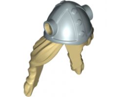 Minifigure, Hair Long with Metallic Silver Viking Helmet with Side Holes Pattern
