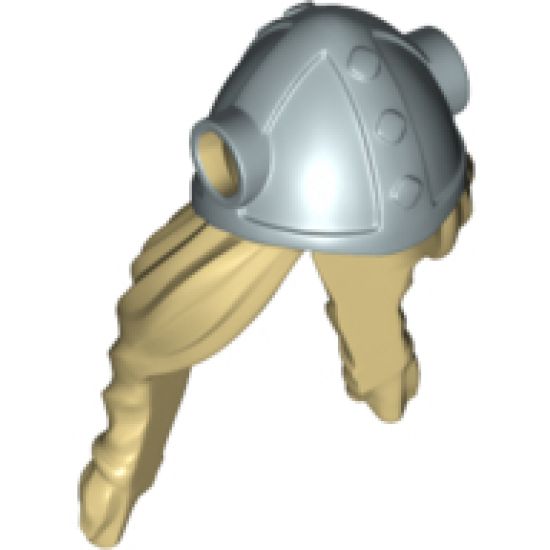 Minifigure, Hair Long with Metallic Silver Viking Helmet with Side Holes Pattern