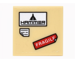 Tile 2 x 2 with 'HAMMER' Logo, Red 'FRAGILE' and White Note with Bent Corner Pattern (Sticker) - Set 76051