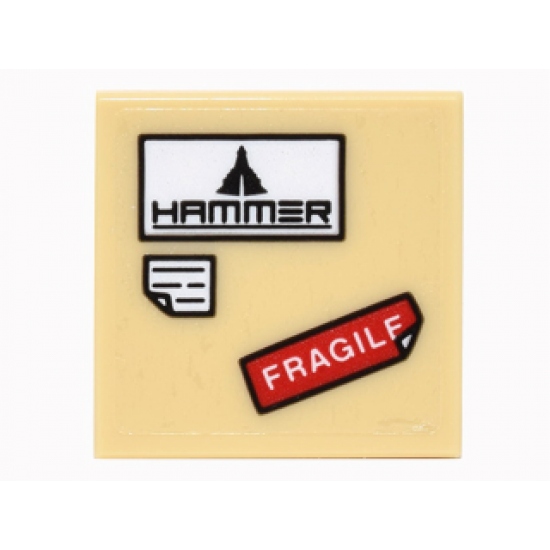 Tile 2 x 2 with 'HAMMER' Logo, Red 'FRAGILE' and White Note with Bent Corner Pattern (Sticker) - Set 76051