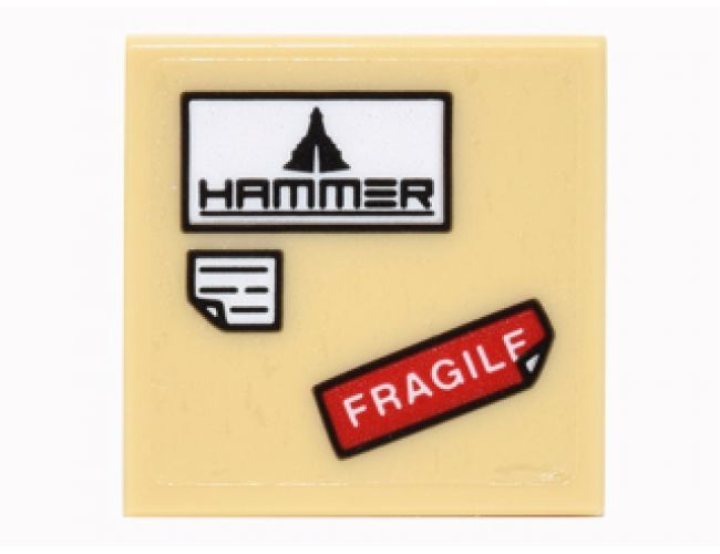 Tile 2 x 2 with 'HAMMER' Logo, Red 'FRAGILE' and White Note with Bent Corner Pattern (Sticker) - Set 76051
