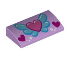 Slope, Curved 2 x 4 x 2/3 with Bottom Tubes with Pink Heart on Blue Wings, White Circles and 2 Magenta Hearts Pattern