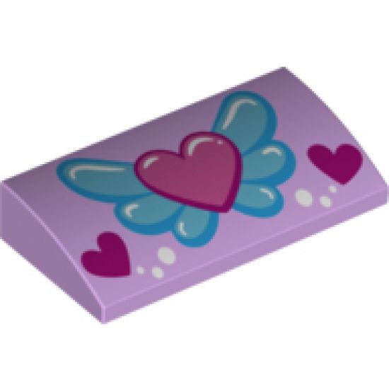 Slope, Curved 2 x 4 x 2/3 with Bottom Tubes with Pink Heart on Blue Wings, White Circles and 2 Magenta Hearts Pattern