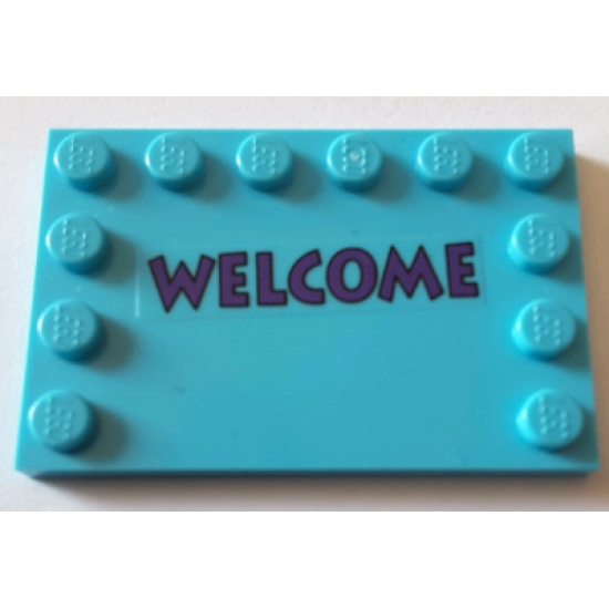 Tile, Modified 4 x 6 with Studs on Edges with Dark Purple 'WELCOME' Pattern (Sticker) - Set 71016