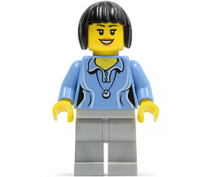 Medium Blue Female Shirt with Two Buttons and Shell Pendant, Light Bluish Gray Legs, Black Bob Cut Hair