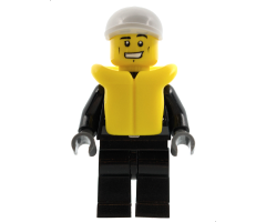 Police - City Leather Jacket with Gold Badge and 'POLICE' on Back, White Short Bill Cap, Life Jacket