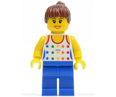 Shirt with Female Rainbow Stars Pattern, Blue Legs, Reddish Brown Ponytail Hair, Brown Eyebrows