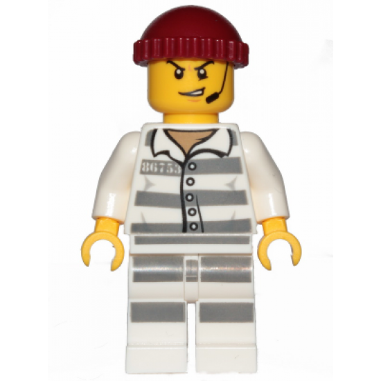 Sky Police - Jail Prisoner 86753 Prison Stripes, Scowl with Open Mouth and Headset, Dark Red Knit Cap